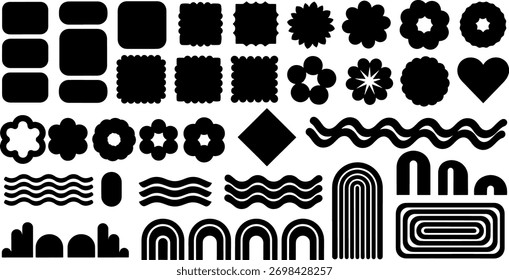 Una colección versátil de varias Formas abstractas e íconos negros, presentados como siluetas sobre un fondo blanco. 