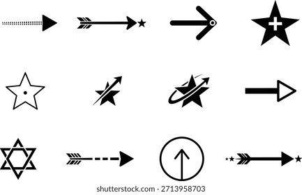 Coleção versátil de vários símbolos de seta preta e ícone de estrela perfeito para design gráfico moderno e interfaces de usuário no branco