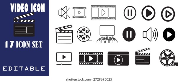 A versatile collection of vector icons related to video, cinema, and movie production, perfect for media projects and user interfaces.