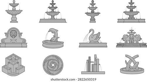 A versatile collection of vector illustrations featuring classical tiered, sculptural, and modern decorative fountains. These flat graphic elements are perfect for landscape architecture, garden planning, and urban park design projects.