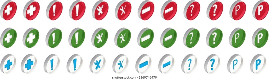 A versatile collection of vector isometric icons, including a cross, exclamation mark, question mark, minus, and plus. These icons offer both style and usability in various applications