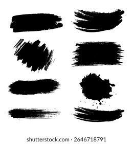 A versatile collection of vector paint brush strokes, ink splatters, grunge lines, and artistic design elements. Includes dirty overlays, watercolor splashes, black silhouettes, and torn paper effects