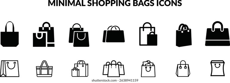 A versatile collection of vector shopping bag icons, ideal for e-commerce, retail, and online store designs. This set features both solid and outline glyph styles, offering a clean, modern aesthetic.
