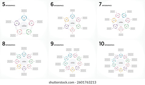 A versatile collection of vibrant circular infographic templates, perfect for presentations, The set includes 5 to 10 creative variations with color palettes, sleek typography, and visually elements.