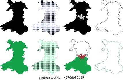 A versatile collection of Wales map silhouettes featuring diverse styles including solid black and green, dotted patterns, and the iconic Welsh Red Dragon flag. Perfect for geography projects, travel branding, or patriotic designs, these clean outlines represent the unique shape of Cymru perfectly.