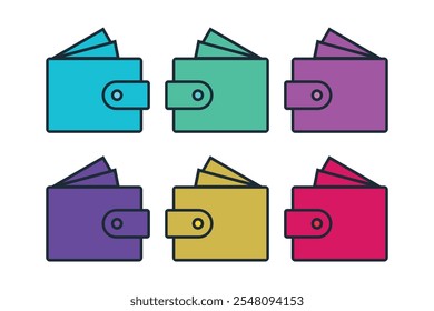 Versátil colorido icono de la billetera para manualidades de bricolaje, Clipart de billetera personalizable para invitaciones únicas, divertidas Ilustraciones vectoriales de billetera de colores para anuncios juguetones