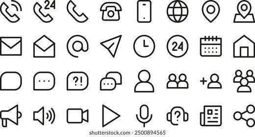 Versatile Communication and Interface Icon Set – Includes Phone, Email, Chat, Location, User Profiles, Video Calls, Notifications, Media Controls, and More. Perfect for Web, Apps, UI Design.