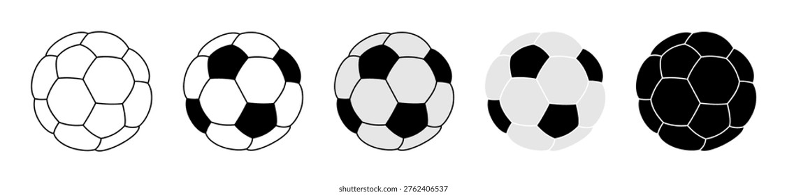 A versatile and comprehensive set of classic soccer ball vector icons, meticulously crafted with a distinctive puffed, bubbly, and inflated effect for a more playful yet professional appearance, suitable for diverse design needs. This high-quality collection showcases five unique graphic variations: clean minimalist outlines with curved panel lines, classic black and white designs, modern flat gray and black versions, and bold solid black silhouettes. This 'puffed panel' style adds a unique volumetric feel. Perfect for creating sports team logos, athletic event posters, UI UX elements for mobile apps, web design, or sports equipment branding. Fully editable vector elements, completely isolated on a white background, and ready for seamless integration into your creative projects.