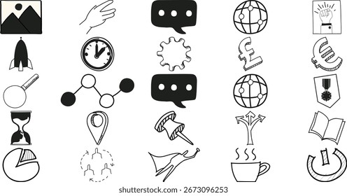 Versatile Concept Icons in Black White Communication Tech and Symbolic Graphics