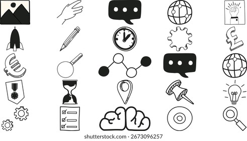 Vielseitige Konzeptsymbole in Schwarz-Weiß-Kommunikationstechnik und Symbolgrafiken