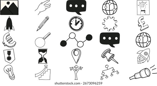 Versatile Concept Icons in Black White Communication Tech and Symbolic Graphics