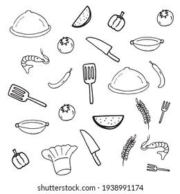 Versatile Culinary Doodles: Kitchenware, fruits, and vegetables in vector form with black outlines. This versatile and hand-drawn collection adds a touch of culinary charm to your designs