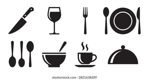 Versatile culinary symbols collection with plate settings and drinkware for restaurant menu branding.