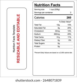 Um design de rótulo de fatos nutricionais versátil e personalizável, perfeito para embalagem de produtos alimentares, materiais de marketing e telas informativas. Adapte facilmente texto e cores para atender à sua marca.