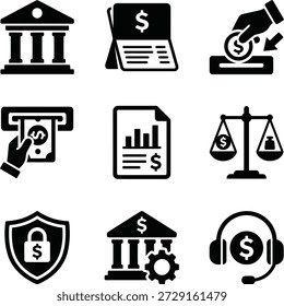 A versatile dark grey digital icon collection for financial services, banking, secure transactions, and business management. Essential for web and app design.