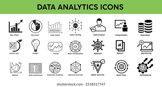 Versatile data analytics icons set. Data analytics icons for business intelligence, reporting, and digital marketing tools. charts, graphs, and analytics symbols for professional use.