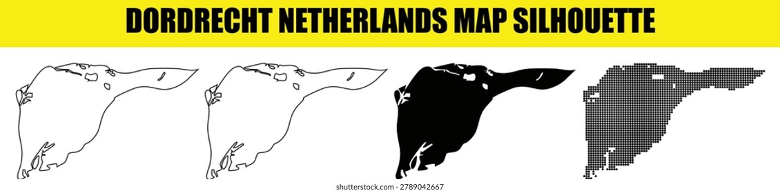 Versatile Dordrecht Netherlands city map silhouettes for graphic designers. Set contains classic outlines plus filled shapes and contemporary halftone textures. Great for local news and educational map illustrations.