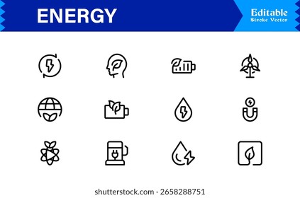Coleção de Ícones de Energia Versátil para Design Moderno. Inovação de combustível com este conjunto de vetores dinâmicos.