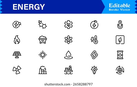 Colección versátil de iconos de energía para el diseño moderno. Impulse la innovación con este dinámico juego de Vectores.