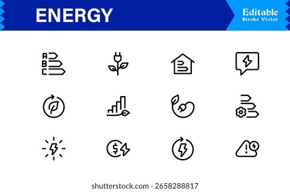 Coleção de Ícones de Energia Versátil para Design Moderno. Inovação de combustível com este conjunto de vetores dinâmicos.