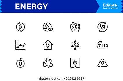 Coleção de Ícones de Energia Versátil para Design Moderno. Inovação de combustível com este conjunto de vetores dinâmicos.