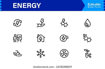 Vielseitige Energy Icon Kollektion für modernes Design. Kraftstoffinnovation mit diesem dynamischen Vektorsatz.
