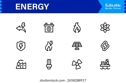 Vielseitige Energy Icon Kollektion für modernes Design. Kraftstoffinnovation mit diesem dynamischen Vektorsatz.