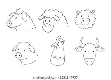 A versatile farm animal head logo set featuring clean, minimalist vector designs of cows, pigs, chickens, and more. Perfect for branding farms, ranches, agriculture, or organic businesses.