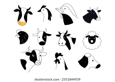 A versatile farm animal head logo set featuring clean, minimalist vector designs of cows, pigs, chickens, and more. Perfect for branding farms, ranches, agriculture, or organic businesses.