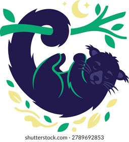 A versatile flat vector illustration featuring a cute nocturnal animal sleeping on a tree branch under a crescent moon. Perfect for organic kids branding wellness apps and children book publishing. Fully editable and scalable graphic.
