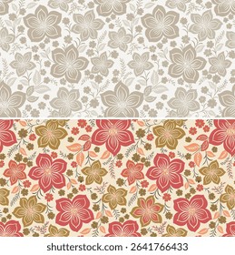 Versatile floral pattern with large stylized blossoms and small leaves. Available in a muted grey white palette and a warm red brown beige combination, ideal for diverse design needs