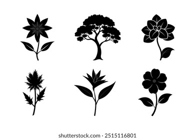 Versatile flower silhouette vector collection with detailed botanical elements. Perfect for digital and print use, from cards to posters and more.