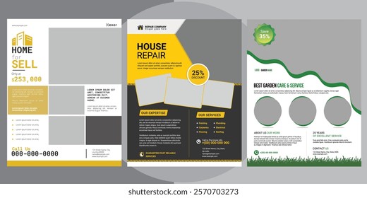 Versatile flyer template bundle for real estate, house repair, and gardening services. Fully editable, print-ready, and professionally designed to boost your marketing efforts