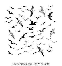 A versatile flying birds vector set featuring elegant silhouettes perfect for design projects. Ideal for logos, prints, patterns, and more. Fully editable and ready to enhance your creativity.