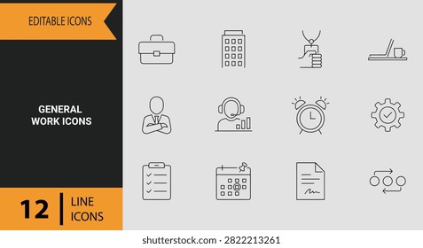 Versatile general work icon collection presenting daily corporate operations essential office duties business tasks and standard workplace productivity concepts