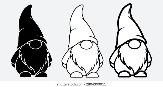 Versatile gnome vector set with solid black white and line art variations. Ideal for festive greeting cards seasonal decor and fantasy themes.