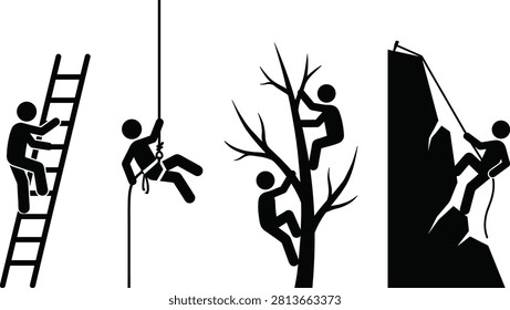 A versatile graphic collection showcasing different climbing methods and heights with black stick figures. The silhouettes illustrate a person climbing a ladder, rappelling or ascending a vertical rope with a safety harness, scaling the branches of a tree, and rock climbing or mountaineering up a steep cliff face. This flat vector illustration is ideal for outdoor adventure guides, industrial height safety instructions, arborist training manuals, and extreme sports icons.