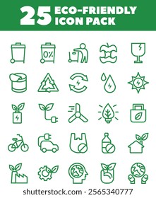 A versatile green line icon set with 25 symbols for recycling, renewable energy, eco-lifestyle, conservation, and sustainability. Ideal for digital designs, presentations, and eco-friendly branding.