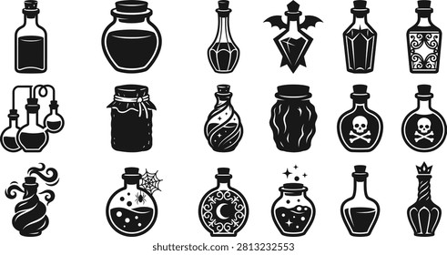 A versatile Halloween vector bundle featuring spooky potion bottles, jars, skulls, and magical elements perfect for creating festive designs and graphics.