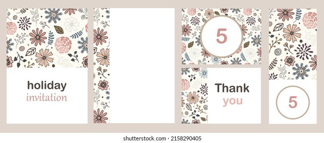 Versatile hand drawn floral templates in warm colors are suitable for fall or summer party, menus and baby showers. Vector illustration.