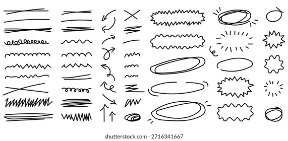 Versátiles Elementos de diseño de doodle dibujados a mano que incluyen flechas, líneas, círculos y marcos para resaltar
