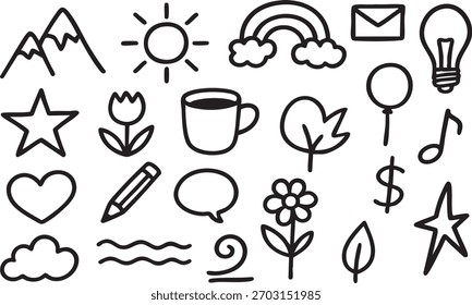 Versátil conjunto de iconos de contorno dibujado a mano: vida diaria Explore, Naturaleza, viajes y mundo digital	
