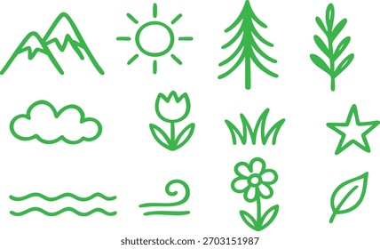 Versátil conjunto de iconos de contorno dibujado a mano: vida diaria Explore, Naturaleza, viajes y mundo digital	
