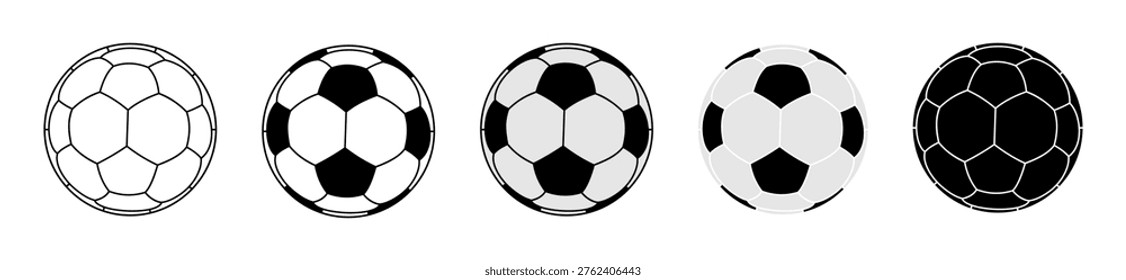 A versatile and highly detailed set of perfectly round classic soccer ball vector icons, meticulously crafted in five distinct graphic styles for professional design projects. This high-quality collection includes clean outlines, classic black and white, modern flat designs, and solid black silhouettes. The design features a prominent central hexagon panel specifically optimized as a blank placeholder, providing the perfect canvas to easily insert custom typography, team names, or corporate logos. Ideal for sports branding, athletic event posters, club emblems, UI UX elements, and merchandise design. Fully editable vector elements, completely isolated on a white background, ensuring seamless integration and customization for your creative needs.