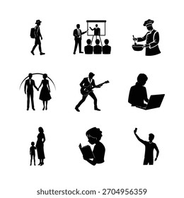 Actividades humanas versátiles Silueta Colección Viajes, trabajo, iconos de estilo de vida familiar