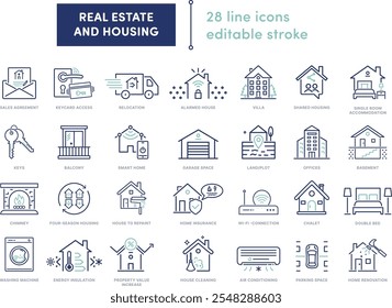 A versatile icon pack for real estate and home projects: keys, offices, garages, balconies, Wi-Fi, smart homes, and more. Fully customizable outlines for easy use in any design !