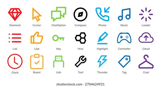 Ein vielseitiges Symbolset mit Diamanten, Navigation, Kamera, Musik, Spielen und Kommunikationssymbolen. Ideal für UI-Kits und Mehrzweckdesigns.
