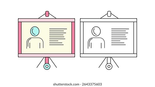A versatile icon set of a presentation screen showing a user profile icon and placeholder text. Ideal for presentations, onboarding, user manuals, and resumes.