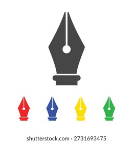 Un ícono versátil que muestra una pluma estilográfica clásica, presentada en una versión principal gris oscuro en la parte superior, y complementada por cuatro Pequeñas variaciones de colores vibrantes en la parte inferior: rojo, azul, amarillo y verde. Este gráfico de Vector simple pero elegante es ideal para su uso en interfaces digitales, materiales educativos, aplicaciones creativas o cualquier proyecto de diseño relacionado con la escritura, la caligrafía o la expresión artística. Las líneas limpias y los colores distintos lo hacen fácilmente adaptable a varios temas y estilos, proporcionando opciones para diferentes contextos visuales.