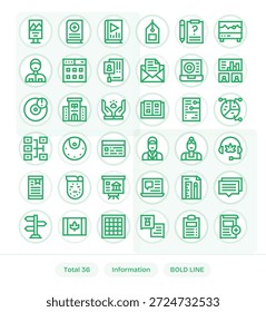 Ein vielseitiges Icon-Toolkit mit 36 Bold Line-Objekten zum Thema Information, die wiederverwendet werden können.